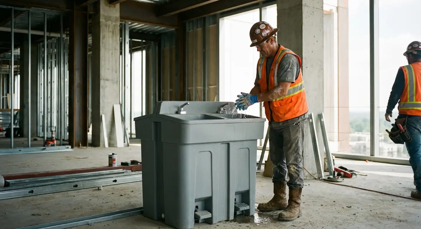 A dual-basin hand wash station positioned on a concrete floor of a high-rise construction site with the city skyline visible through open steel framing. in Charleston, SC