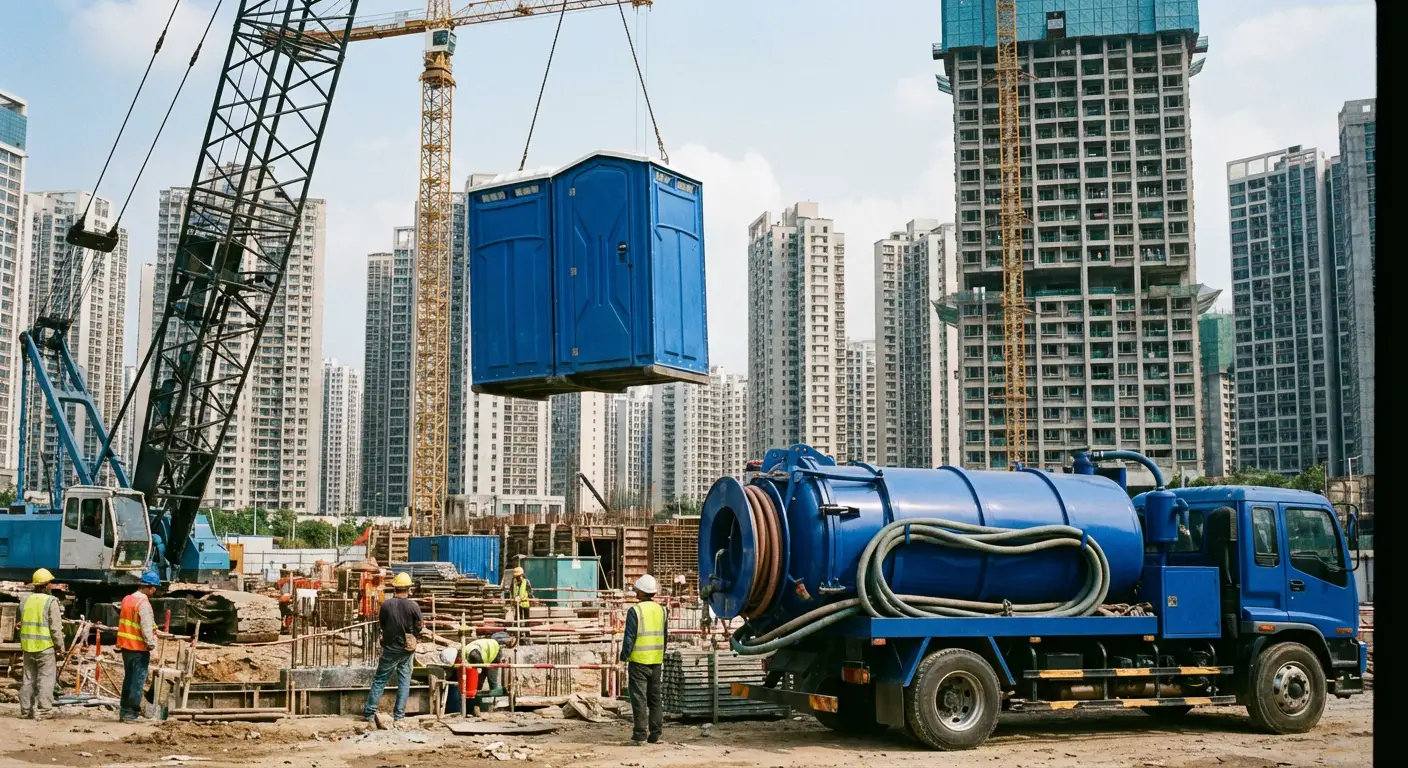 A High-Rise Crane Liftable Toilet unit suspended in mid-air by a crane against a city skyline during the day, showcasing the steel sling attachment. in Charleston, SC