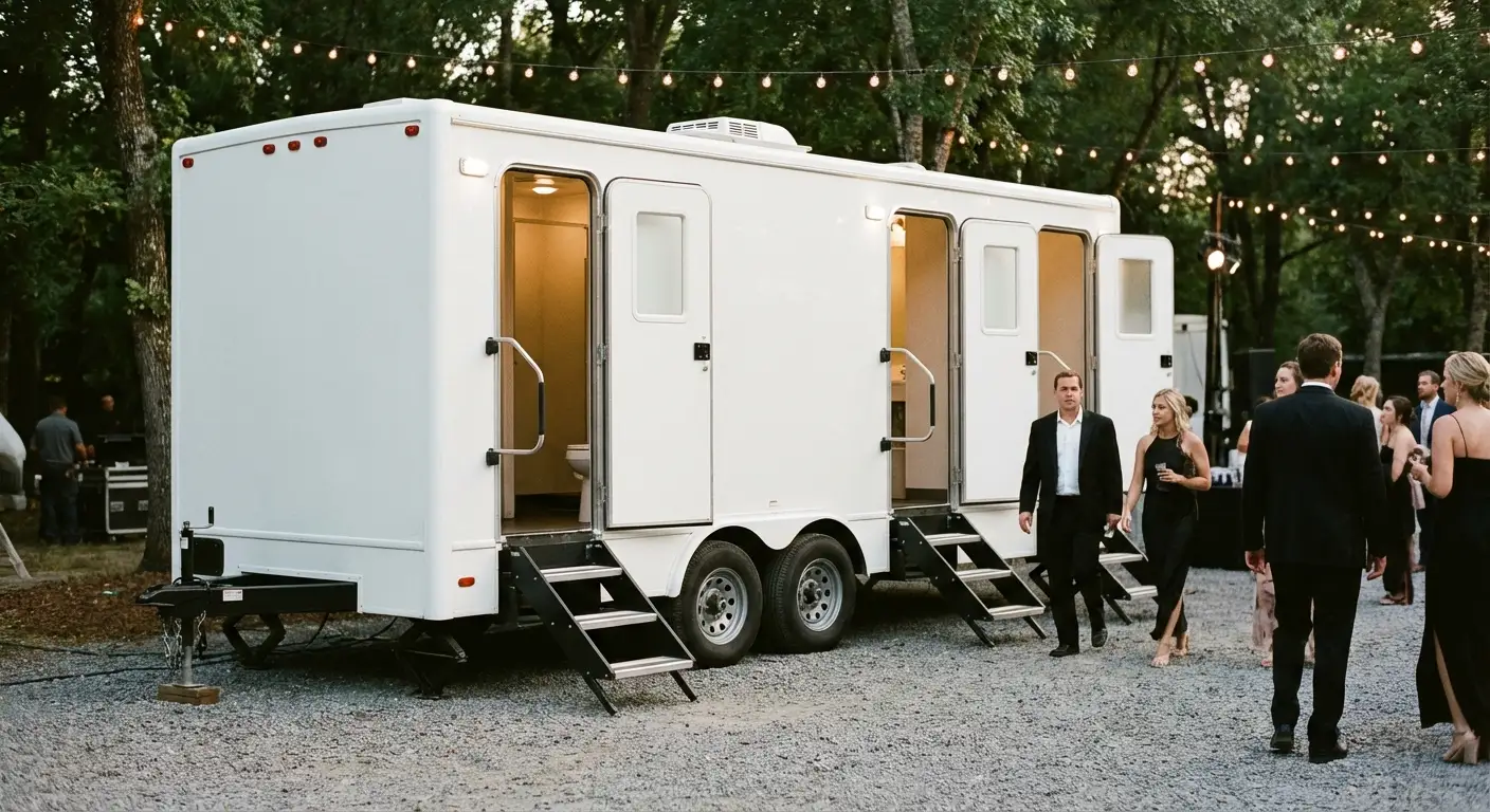 Exterior of a Luxury Restroom Trailer at an evening event, warm lighting spilling from the door, positioned discreetly near a manicured lawn. in Charleston, SC