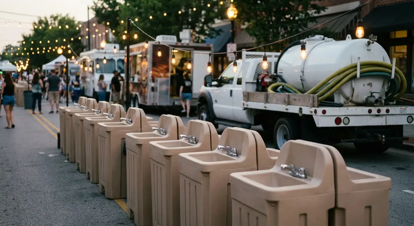 A row of clean, grey portable hand wash stations set up on pavement near food trucks, with blurred festival lights and crowd in the background. in Charleston, SC