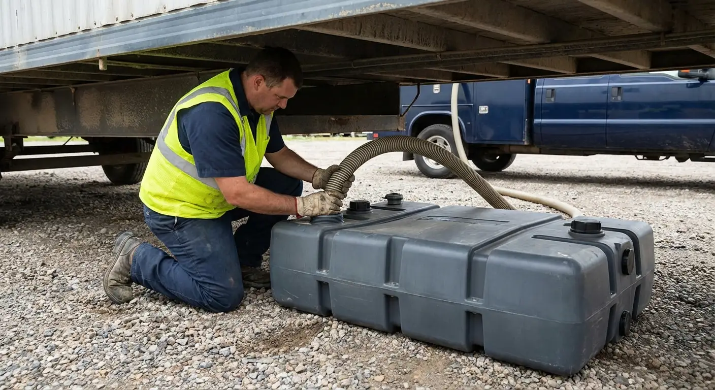 Holy City Portables vacuum truck servicing a waste holding tank at a construction site in Charleston, SC