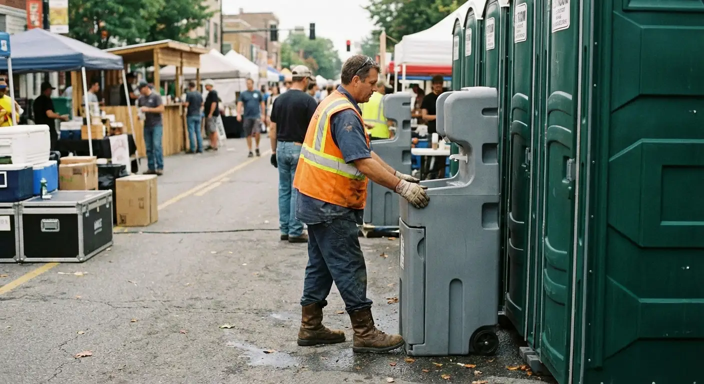 A row of pristine Special Event Portable Restrooms and hand wash stations lined up along a festival barrier with blurred crowds in the background. in Charleston, SC