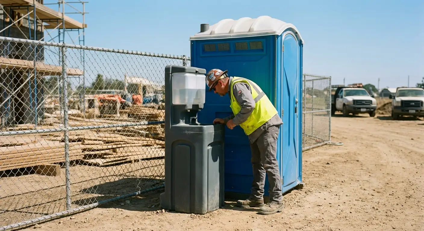 A close-up view of a portable hand wash station next to a portable toilet on a dirt construction site, focusing on the foot pump mechanism. in Charleston, SC