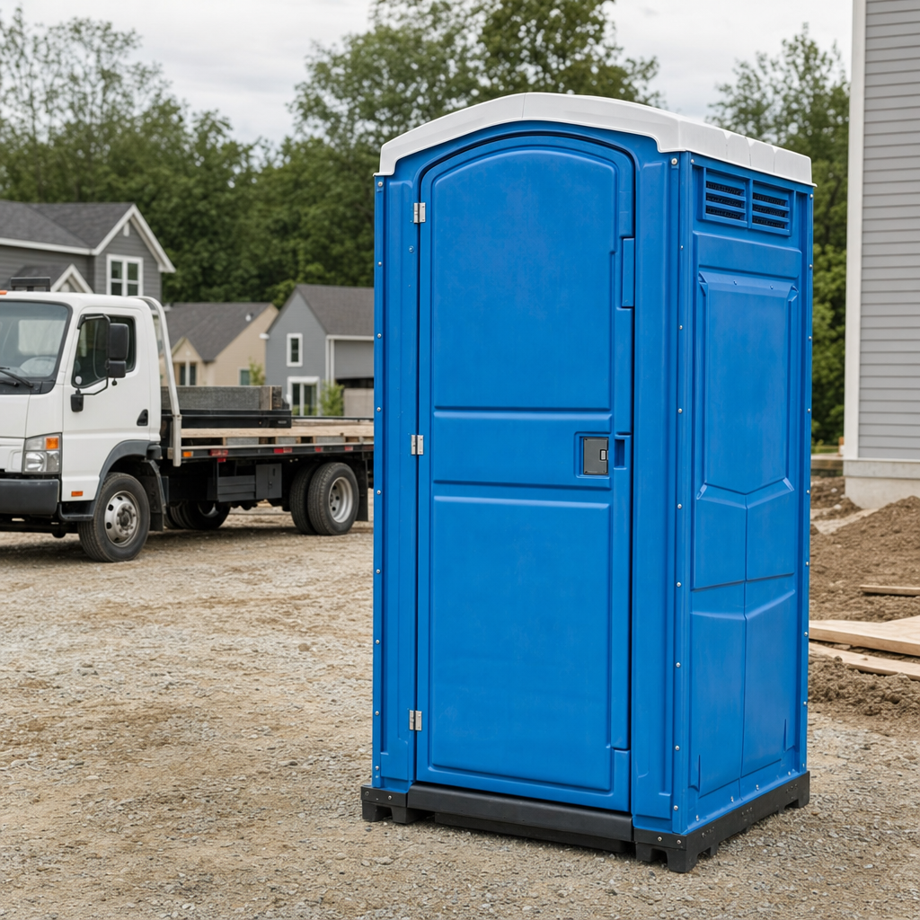Delivery driver positioning a clean royal-blue portable toilet on level ground at a Charleston worksite
