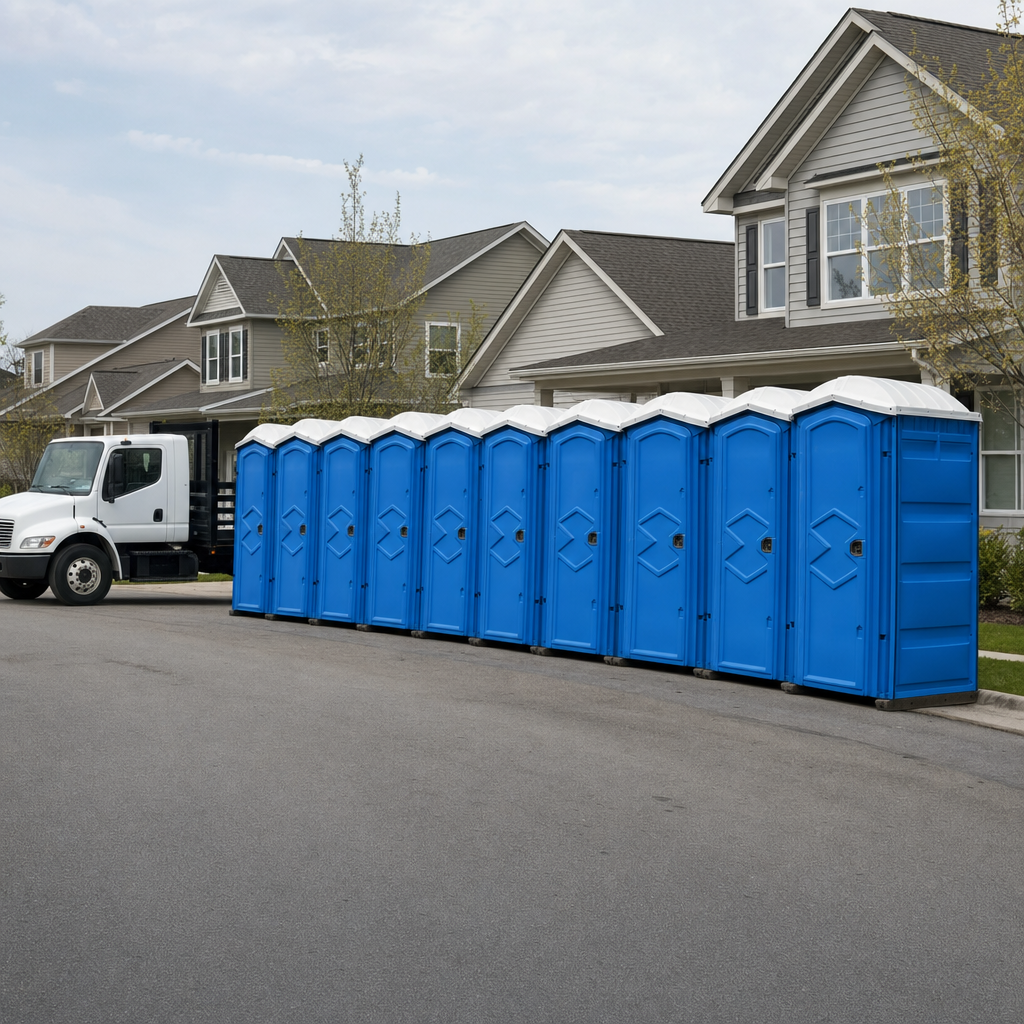Royal blue portable toilets staged in a tidy row at a Charleston jobsite, ready for delivery
